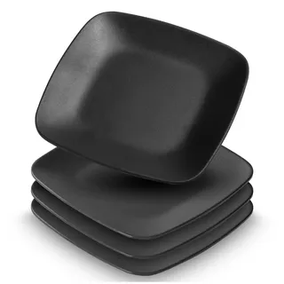 Umllpet Servierteller aus Steingut, 4 Stück Schwarze Dessertteller, Vorspeisen Teller Rechteckig Schwarz Matt, Spülmaschinengeeignetes Teller-Set, Eckig Dessertteller für Fleisch Sushi Snacks Salate