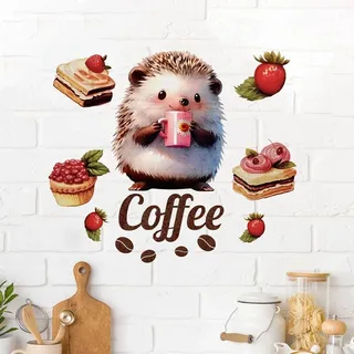 COVPAW Wandtattoo Kaffee Igel Kuchen Wandaufkleber Coffee Küche Cafe Wohnzimmer Büro Wandbild Kaffee Laden Wanddekoration