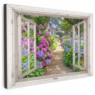 MuchoWow Leinwandbild Hortensie - Durchsichtig - Blumen - Sommer - Lila - Weg Wanddeko 90x60 cm , Textil , Kiefer , Rechteckig , 90x60 cm , FSC 100% , gerahmt , Bilder & Rahmen, Bilder, Leinwandbilder