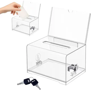 Zyluniy Acryl Spendenbox, Abschließbar Spendenbox mit Schloss und Schildhalter, Stimmzettelkasten Schlitz Kunststoff-Vorschlagsbox für Visitenkarten, Abstimmungen, Gewinnspiele (16x10x12cm)