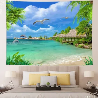 Dsnyu Wandteppich Strand Meer, Wall Tapestry Nature Grün Blau | Landschaft Tropische Wandvorhang Deko Polyester 240x220cm Waschbar