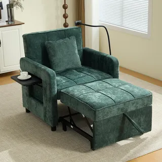 okwish Schlafsessel Chenille Einsitzer 2-in-1-Funktion 5-fach Verstellbare Rückenlehne Stauraum Tablett Handyhalterung Wohnzimmer,Grün - Grün