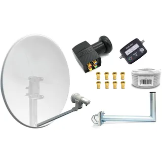SAT Anlage 4 Teilnehmer Komplettset Finder Spiegel Kabel Stecker Wandhalter 4K