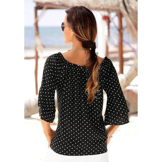 Carmenbluse LASCANA, Damen, Gr. 44, schwarz-weiß (schwarz, weiß, gepunktet), Web, Obermaterial: 100% Viskose, gepunktet, figurumspielend hüftlang, Carmenausschnitt, Volant, Blusen Carmenbluse, mit Pünktchendruck, Damenbluse, schulterfrei, casual, Topseller
