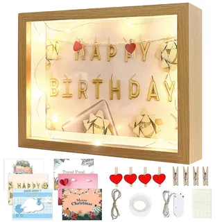 MeYuxg 3D-Bilderrahmen, 27 x 22 cm, tiefer 3D-Rahmen, 3 cm tief, mit LED-Licht 1 m und 6 thematischen Bildern, für Blumen, Fotos, Postkarten (Holz)