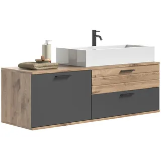 Mid.you Waschtischkombi , Grau, Eichefarben , Kunststoff , 1 Fächer , 2 Schubladen , 140 cm , FSC Mix , hängend , Badezimmer, Waschbecken & Armaturen, Waschtische