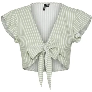 VERO MODA Damen Vmmymilo Sl Crop Tie WVN Ga Top, Reseda/Stripes:Snow White, M EU