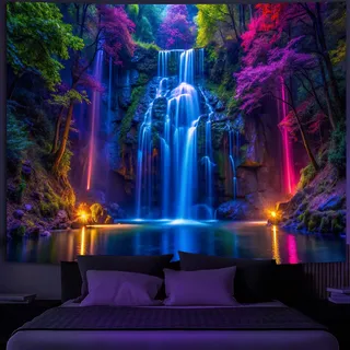 Simpkeely Schwarzlicht Wasserfall Wandteppich – UV Reaktiver Leucht-im-Dunkeln Neon Wald Wandbehang, Lebendige Natur Landschaft Wonderland für Schlafzimmer, Wohnzimmer Dekor – 150 x 200 cm