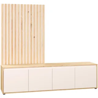 Forte SKELPE Wohnwand 190, Moderne Skandi Stil Wohnwand mit Lowboard 4-türig und Latten-Wandpaneele, Artisan Eiche Holzdekor/Kaschmir Beige, 188,3 cm breit x 169,7 cm hoch x 42 cm tief