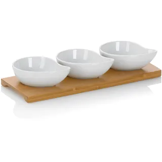 Kela Servierschalen Set 4tlg PHILIPA, Porzellan Snackschalen mit Bambus Servierplatte, Tropfenform, Dipschalen Set weiß