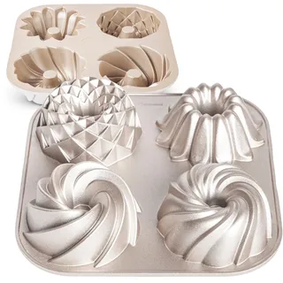 Erreke Gugelhupfform, doppelte Antihaftbeschichtung, robuster Aluminiumguss, gleichmäßiges Backen, Backen, Farbe Roségold, 4 Mini-Kuchen, Tetrad, Backform, Kuchenform