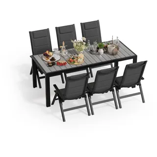 JUMMICO Gartenmöbel Set Klappbar, 5-Fach Verstellbarer Aluminium Sessel mit Holztisch, Wetterfestes Terrassenmöbel für Balkon und Garten