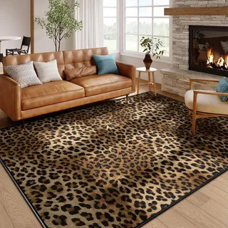 Bycmuoz Jahrgang Leopard Drucken Bereich Teppich für Wohnzimmer, 100x150cm, Braun Beige Gepard Teppich, Weich Waschbar rutschfest Teppiche Kurzflor Boden Matte für Front Tür Eingangsbereich