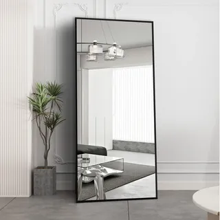 AUFHELLEN Ganzkörperspiegel Standspiegel 180x80cm mit Schwarz MetallrahmenBodenspiegel HD Spiegel Groß Wandspiegel mit Haken für Wohn-, Schlaf- und Ankleidezimmer