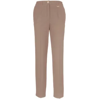 Stoffhose GOLDNER "Kurzgröße Bügelfaltenhose mit Teildehnbund", Damen, Gr. 24, K-Gr, beige, Obermaterial: 63% Polyester PES. 34% Viskose CV. 3% Elasthan EL., normal, Hosen Stoffhose, Dekoelement an der Gürtelschlaufe