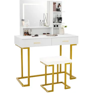 COSTWAY Schminktisch mit LED Beleuchtung, großem Spiegel, 2 Schubladen & Regalen, Frisiertisch mit gepolstertem Hocker, Kosmetiktisch für Schlafzimmer, weiß+Gold - Weiß