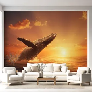 Fototapete Buckelwal Sonnenuntergang, Vliestapete Fische Meer Ölgemälde Tiere Wandtapete, Tapete 150 x 105 cm Motivtapete Wohnzimmer Schlafzimmer Wanddekoration Wandtapete Panorama Wandbild