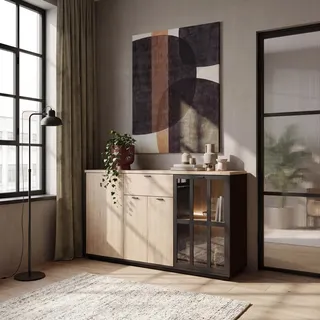 Forte MANTERO Sideboard 190 200, Industrial Stil Sideboard, Vitrinentür mit Sprossen, 4-türig, 1 Schublade, Holzwerkstoff, Prärienussbaum Holzdekor/Schwarz, 192,5 cm breit x 85,6 cm hoch x 52 cm tief