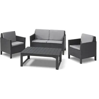 Allibert by Keter Chicago Lounge Set für 4 Personen, 2-er Sofa, 2 Gartensessel mit Rückenkissen und höhenverstellbarem Lyon Tisch, graphit/cool grau, wetterfest