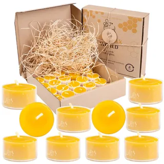 BeesWax World Teelichter aus 100 % natürlichem Bienenwachs | 10-50-teiliges Set mit stabilen Dochten | Ø 37 mm | 4 Std Brenndauer – Metall | Transparent | Weiß – Allergiefrei (Transparent, 25)