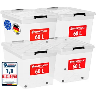 ATHLON TOOLS 4x 60 L Aufbewahrungsboxen mit Deckel, lebensmittelecht | Inkl. Verschlussclips - 100% Neumaterial Plastik-Box transparent - Kleiderboxen stapelbar