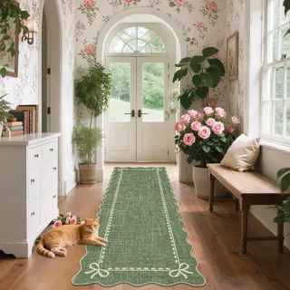 CAROMIO Waschbarer Wellenrand Läufer 60x180 cm rutschfest Flur Küche Grün
