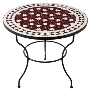 Marokkanischer Mosaik Couchtisch Estrella Bordaux weiss Ø60cm H45cm klappbar handgefertigt in Marrakesch | runder Balkontisch Gartentisch Beistelltisch mit Schmiedeeisen Gestell für Wohnzimmer - Rot
