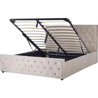 BELIANI Polsterbett Taupe Samtstoff 160 x 200 cm mit Bettkasten Hochklappbar u. Hohem Kopfteil Doppelbett Elegantes Modernes Gesterfield Design - Beige