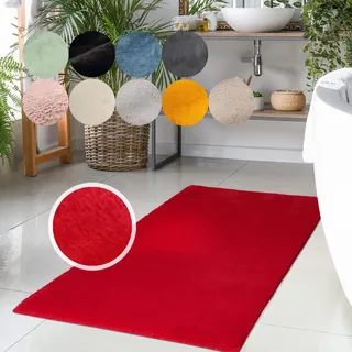 Badematte CARPET CITY "Topia Mats, Badteppich uni", rot, H:14mm, Polyester, Badematten, Badematte, Hochflor, Kaninchen Haptik, Polyester, Badezimmerteppich, waschbar