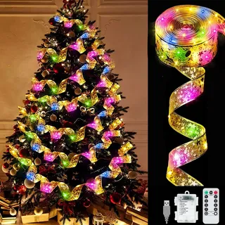10m Weihnachtsband Lichter,100 LED Band Weihnachtsbeleuchtung,Bänder Lichterketten,Batteriebetriebene Weihnachtslichterkette,für Urlaub,Party,Hochzeiten,Innen und Außenbereich Weihnachtsdekoration