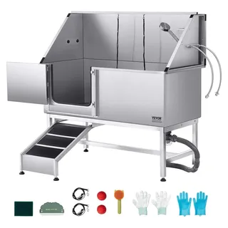 Vevor Hundewaschstation Edelstahl, 1500x700x1495 mm Tierpflegewanne mit Rampe, PE-Wasserfilterplatte, Wasserhahn, Duschkopf & Seifenhalter, für große, mittelgroße & kleine Haustiere (linke Tür)
