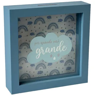 Spardose für Kinder im Wolken-Stil, 16 x 16 cm, Blauer Rahmen mit Regenbogen-Motiv