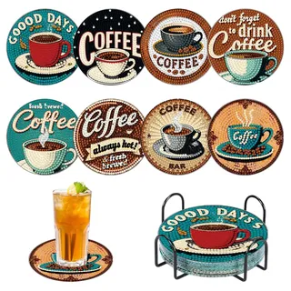 8 Stück Kaffee Diamond Painting Untersetzer, Bunt Basteln Erwachsene, Holz Untersetzer Gläser mit Holder und Werkzeugkasten, DIY Set Dot Painting, Kreativ Set für Erwachsene Kinder