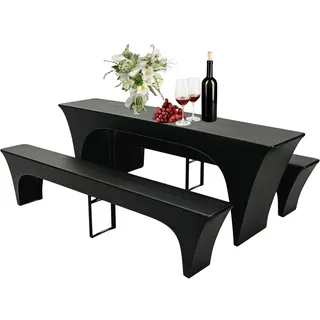 3er Set Biertischhussen Elastisch Stretch Bierzeltgarnitur, Elastisch Biertischhussen-Set, Tischhussen Bierzeltgarnitur Bierbank Hussen&Biertisch Husse für Hochzeit Event Party 220×50×70cm, Schwarz
