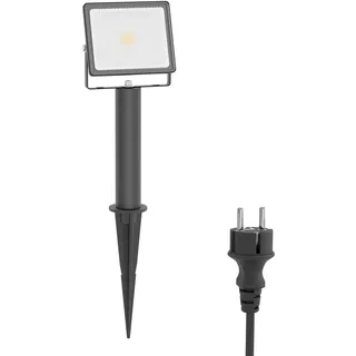 ledscom.de LED Gartenstrahler FLIN mit Erdspieß, 15cm Sockel & Stecker für außen, schwarz, Scheinwerfer, IP66 wasserfest, 837lm warmweiß