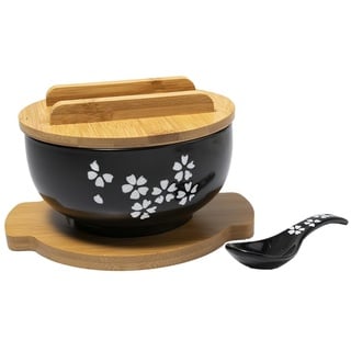 lachineuse - Große Ramen-Schüssel aus Porzellan - Suppe & Nudeln - Schwarz ⌀ 16 cm - Japanischer Zen-Stil - Fassungsvermögen 1000 ml - Löffel, Essstäbchen & Halter - Japanisches Geschirr Deko Geschenk