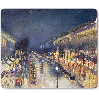 Mauspad mit Motiv Kunstwerk, Professionelle Design Mousepad für Gaming und Büro, Gummiunterseite Gummibasis Schreibtischunterlage Wasserdichter (Camille Pissarro-Der Boulevard Montmartre bei Nacht)