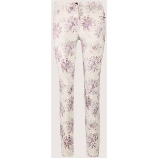 Chinos MADELEINE "Druckhose Schlanke Hose mit Unikat-Print", Damen, Gr. 44, N + K Gr, weiß (wollweiß, multicolor), Obermaterial: 60% Baumwolle CO. 24% Polyester PES. 13% Viskose CV. 3% Elasthan EL., Modern, normal, Hosen Chinos
