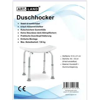 ART-LAND Duschhocker, 6-Fach höhenverstellbar 40-53 cm, Sitzfläche 51,5x31 cm, Belastbar bis 136 kg, Rutschsicher, Weiß