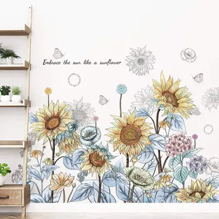 WandSticker4U®- Wandtattoo Blumen gelb SONNENBLUMEN gezeichnet (92x63 cm) I Wandsticker Blumen groß Pflanzen Blumen Aufkleber Frühling I Wanddeko Wohnzimmer Schlafzimmer Küche Flur Bad XXL
