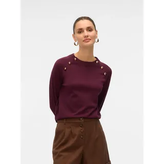 Strickpullover VERO MODA "VMHAPPY LS O-NECK BUTTON PULLOVER BOO", Damen, Gr. S, winetasting detail:gold buttons, Strick, Obermaterial: 50% Viskose, 28% Polyester, 22% Nylon, gestreift, regular fit normal, Rundhals, Rippbündchen, Pullover Strickpullover