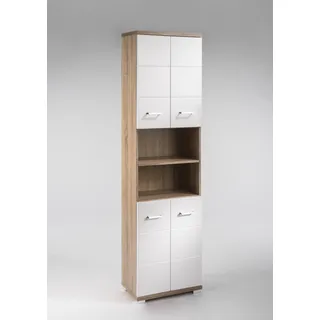 byLIVING Hochschrank NEBRASKA / Badschrank Sonoma Eiche, Türen Hochglanz weiß lackiert / Badezimmerschrank 4 Türen mit offenen Elementen & viel Stauraum / B 50, H 192, T 31,5 cm