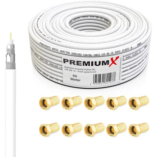Premium X 50m BASIC Koaxialkabel 135dB 4-fach SAT Antennenkabel Koaxkabel DVB-S/S2 DVB-C DVB-T BK Anlage SAT-Kabel 10x F-Stecker