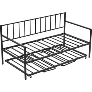 Twin-Size-Tagesbettgestell, höhenverstellbares Tagesbett mit Ausziehbett, strapazierfähiges Metall-Plattformbettgestell mit LED-Beleuchtung und Ladestation, Twin-Tagesbett mit Metalllattenrost für Wohnzimmer, Schlafzimmer - Schwarz