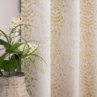 Gold Gelb Vorhänge für Wohnzimmer 213 cm Länge 2 Paneele Set Vintage Mitte des modernen Jahrhunderts 50% Verdunkelung Textur Fenster Boho Damast marokkanisches Muster Design Jacquard Elegante Luxus