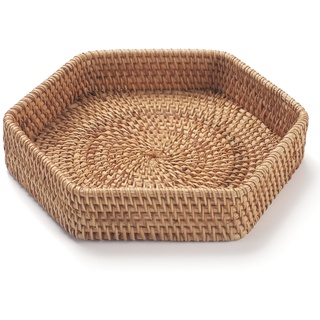 Sechseck Rattan Serviertablett für Couchtisch Gewebte Dekorative Korb Tabletts für Osmanische Natur (22cm x 4.5cm)