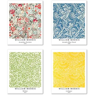 Kunstdruck Ungerahmt Bilder Set von 4, Poster Größe: 20x25 cm Premium Blumen Kunstpapier Wanddeko Unframed Bild Vintage Pink Blatt Familie Geschenk Passenden Wohnzimmer Deko William Morris Posters