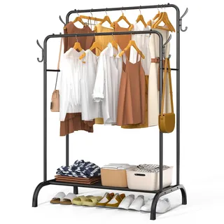 VOUNOT® Kleiderständer, Kleiderstange Doppelt, Garderobenständer Metall mit Schuhregal und 4 seitlichen Haken, Stabil, Schwerlast, für Schlafzimmer Flur Ankleidezimmer, 110x58x146cm Schwarz