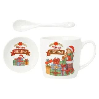 eCa KB17WZ1 Weihnachts-Geschenkset – Keramikbecher, Löffel, Untertasse, 400 ml - Rot