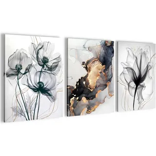 Novart Wandbilder Set Blumen Abstrakt - KOMPLETT AUFHÄNGFERTIG - Wohnzimmer Schlafzimmer Flur Deko - 3 Moderne Bilder Gold Grau Schwarz - N032535b